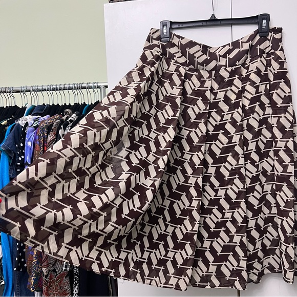 J. Crew Brown & Cream Houndstooth Pattern High-Waisted Midi Modest Skirt Sz L - Picture 4 of 12